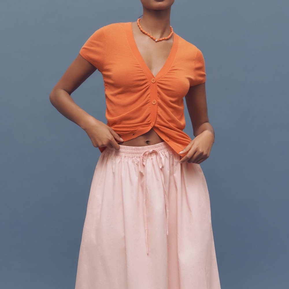Anthropologie Cardigan Ruched Short-Sleeve V-Neck Sweater NEW Orange - Picture 3 of 12